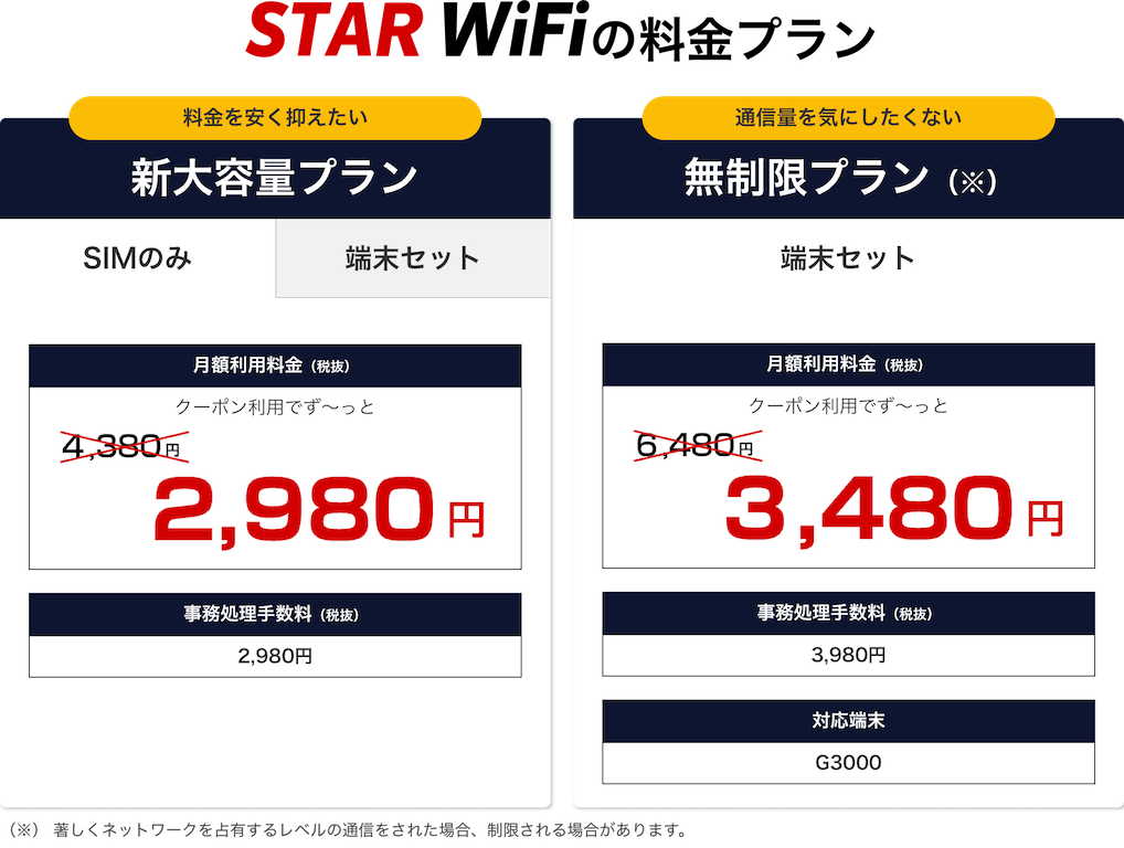 STAR WiFiの価格表